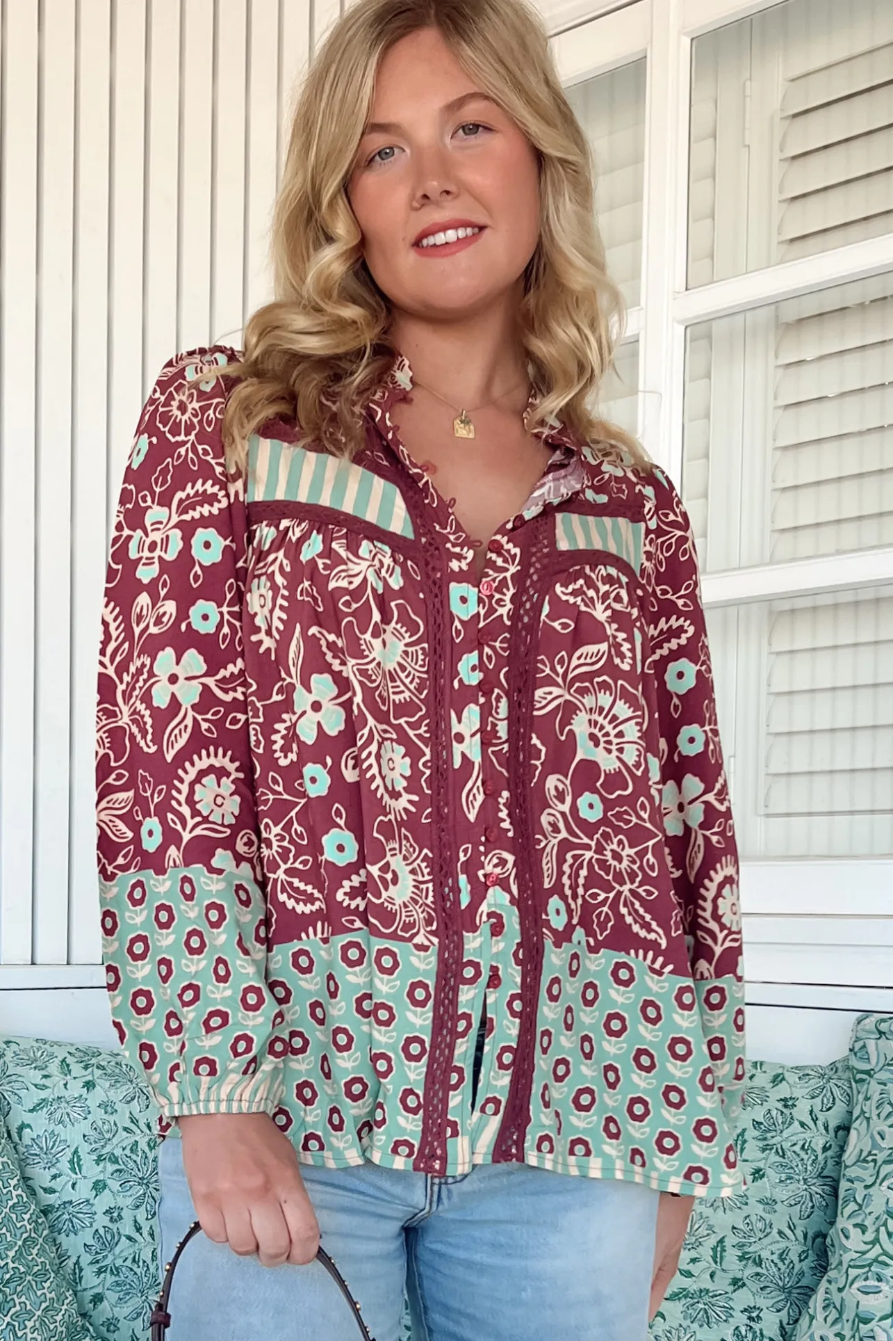 Bee Blouse - Lace Decal Button Down Long Sleeve Blouse in Athena Print>Jaase Online