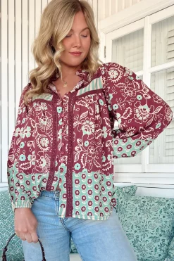 Bee Blouse - Lace Decal Button Down Long Sleeve Blouse in Athena Print><noscript><img width=