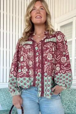 Bee Blouse - Lace Decal Button Down Long Sleeve Blouse in Athena Print><noscript><img width=