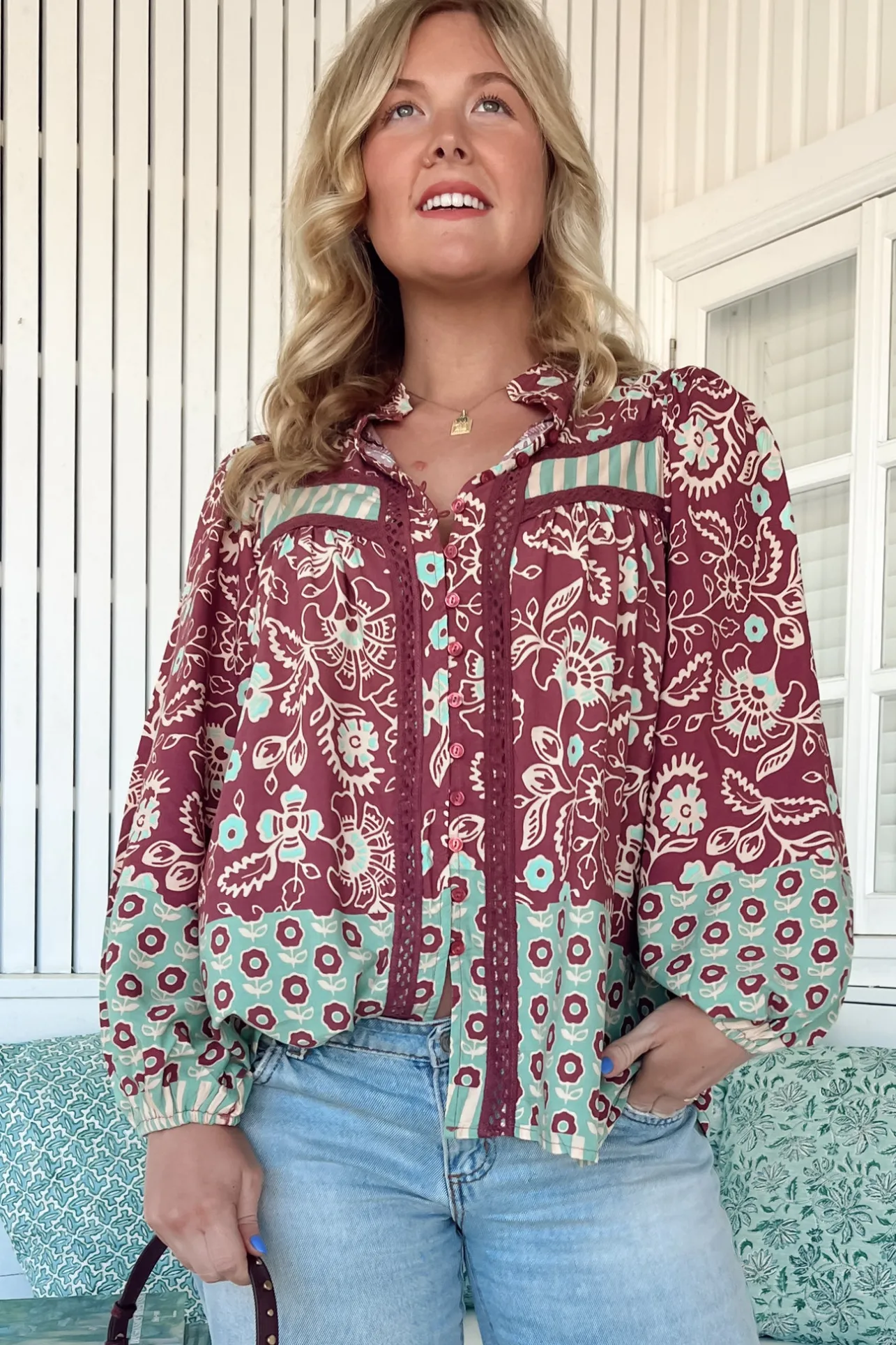 Bee Blouse - Lace Decal Button Down Long Sleeve Blouse in Athena Print>Jaase Online