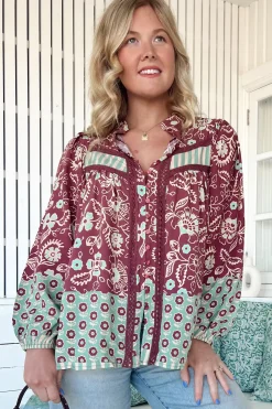 Bee Blouse - Lace Decal Button Down Long Sleeve Blouse in Athena Print><noscript><img width=