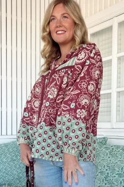 Bee Blouse - Lace Decal Button Down Long Sleeve Blouse in Athena Print><noscript><img width=