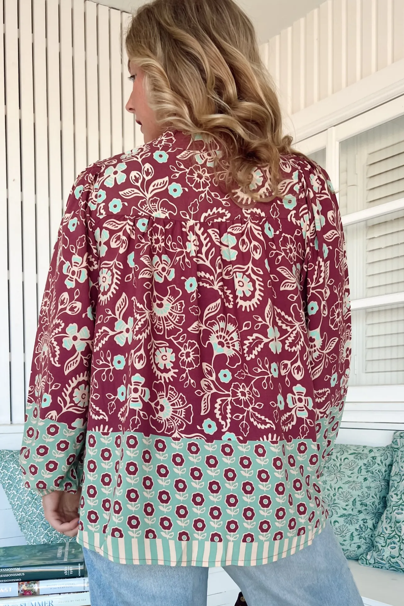 Bee Blouse - Lace Decal Button Down Long Sleeve Blouse in Athena Print>Jaase Online