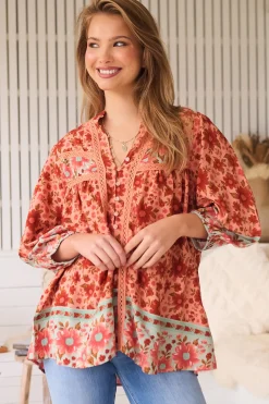 Bee Blouse - Lace Decal Button Down 3/4 Sleeve Blouse in Lillianna Print><noscript><img width=
