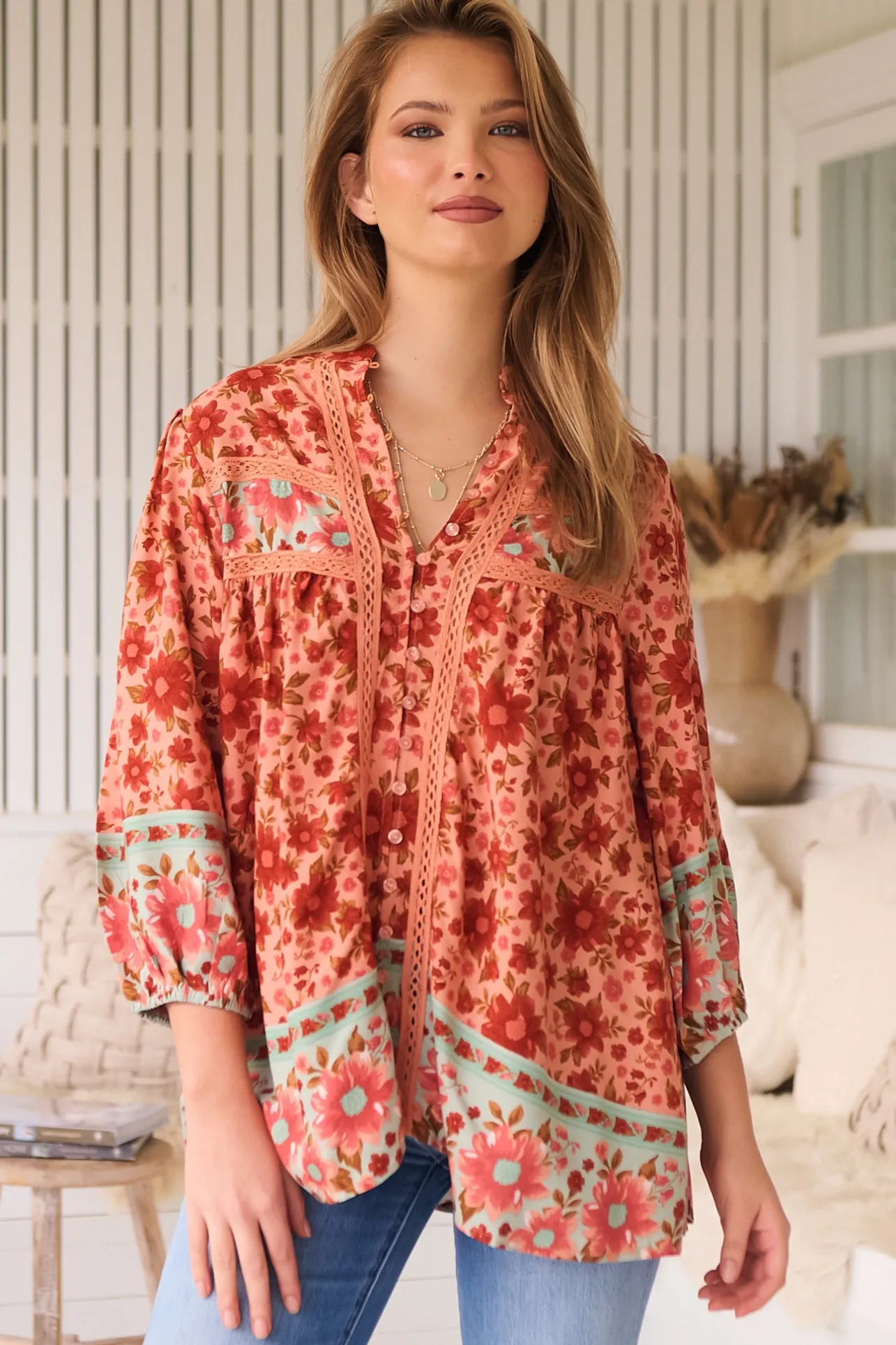 Bee Blouse - Lace Decal Button Down 3/4 Sleeve Blouse in Lillianna Print>Jaase Discount