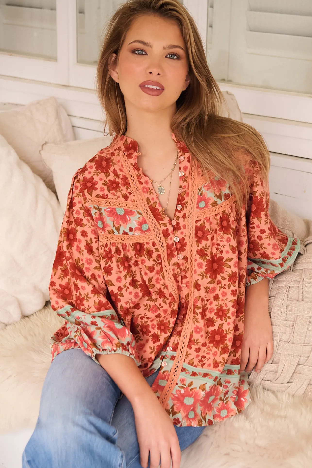 Bee Blouse - Lace Decal Button Down 3/4 Sleeve Blouse in Lillianna Print>Jaase Discount