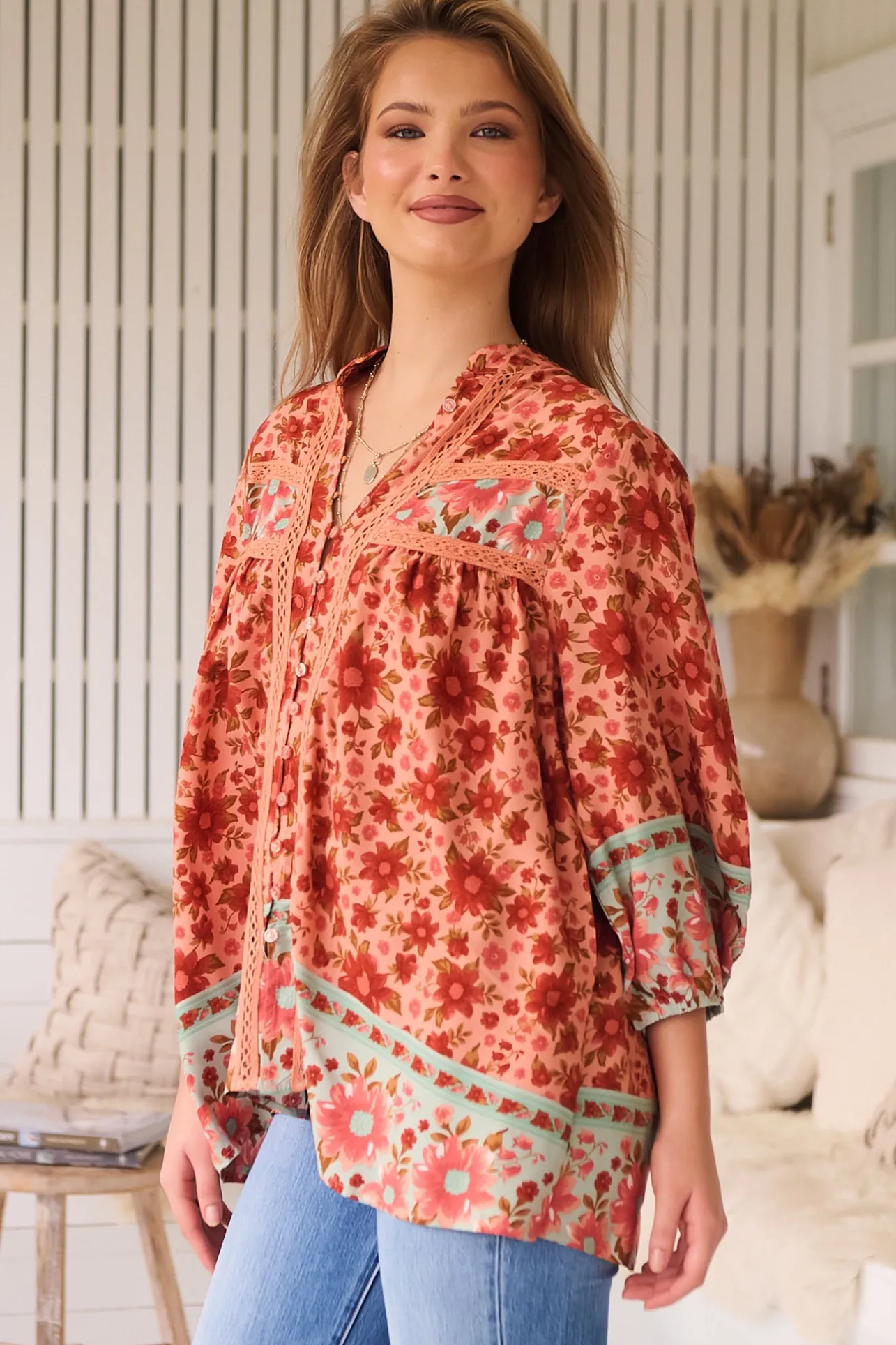 Bee Blouse - Lace Decal Button Down 3/4 Sleeve Blouse in Lillianna Print>Jaase Discount