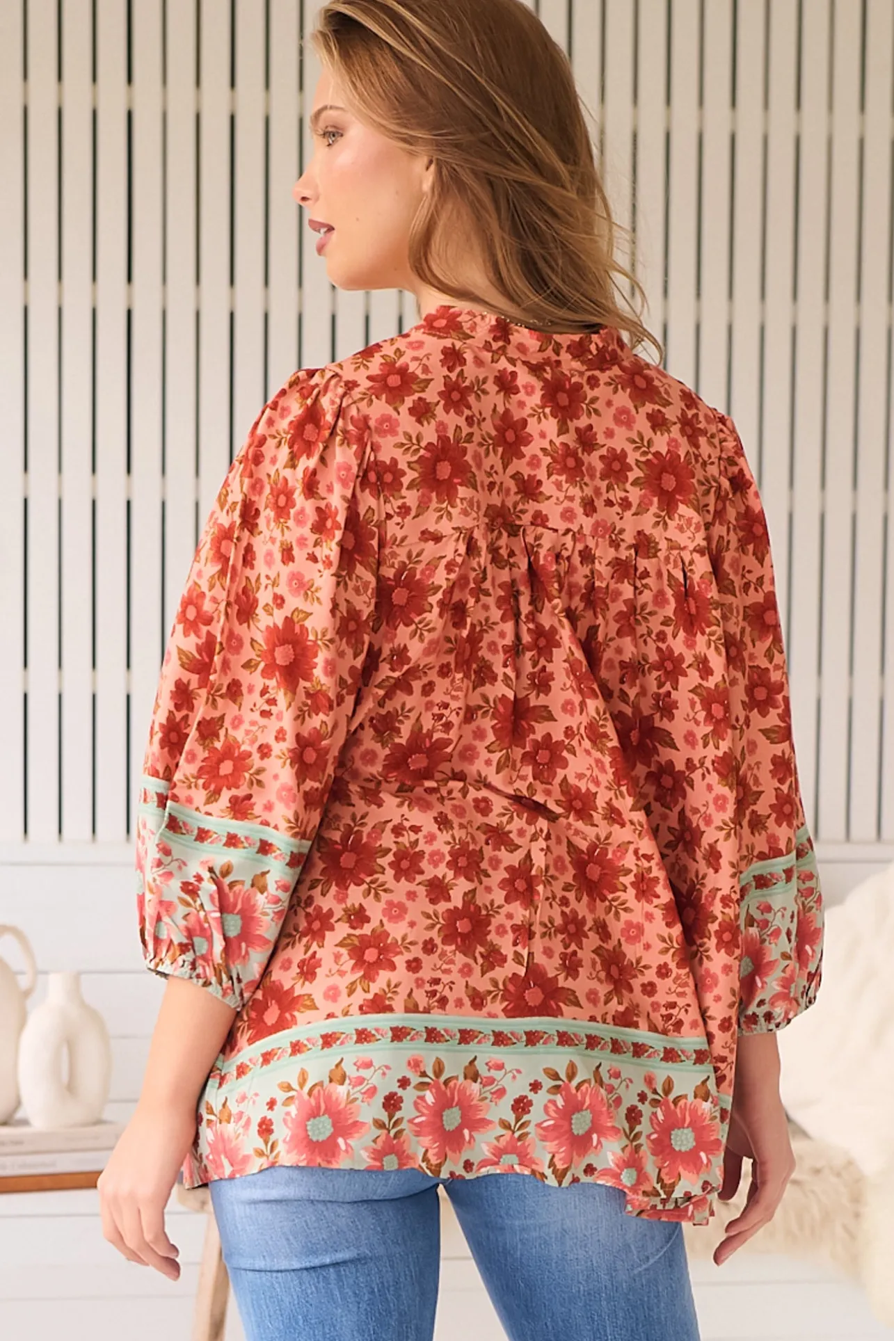 Bee Blouse - Lace Decal Button Down 3/4 Sleeve Blouse in Lillianna Print>Jaase Discount