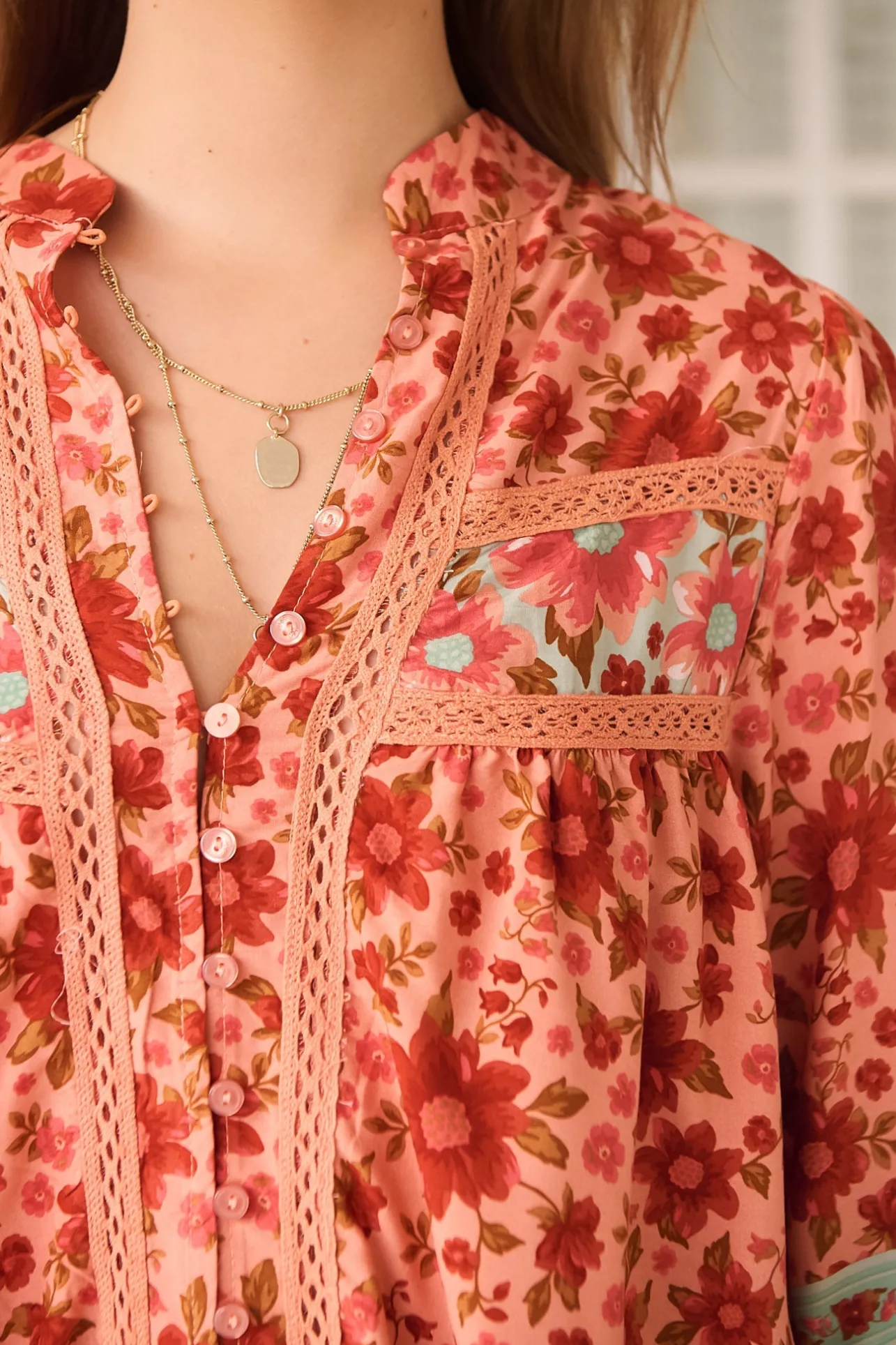 Bee Blouse - Lace Decal Button Down 3/4 Sleeve Blouse in Lillianna Print>Jaase Discount