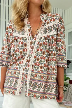 Bee Blouse - Lace Decal Button Down 3/4 Sleeve Blouse in Harlowe Print>Jaase Online