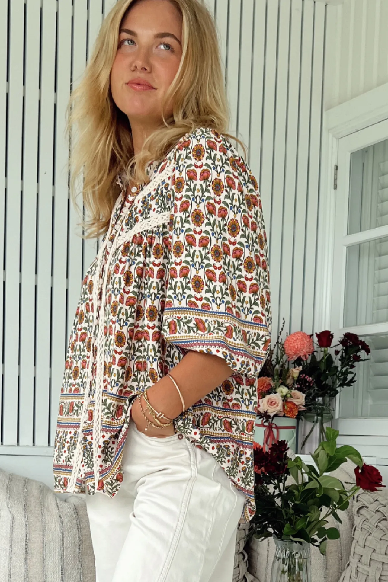 Bee Blouse - Lace Decal Button Down 3/4 Sleeve Blouse in Harlowe Print>Jaase Online