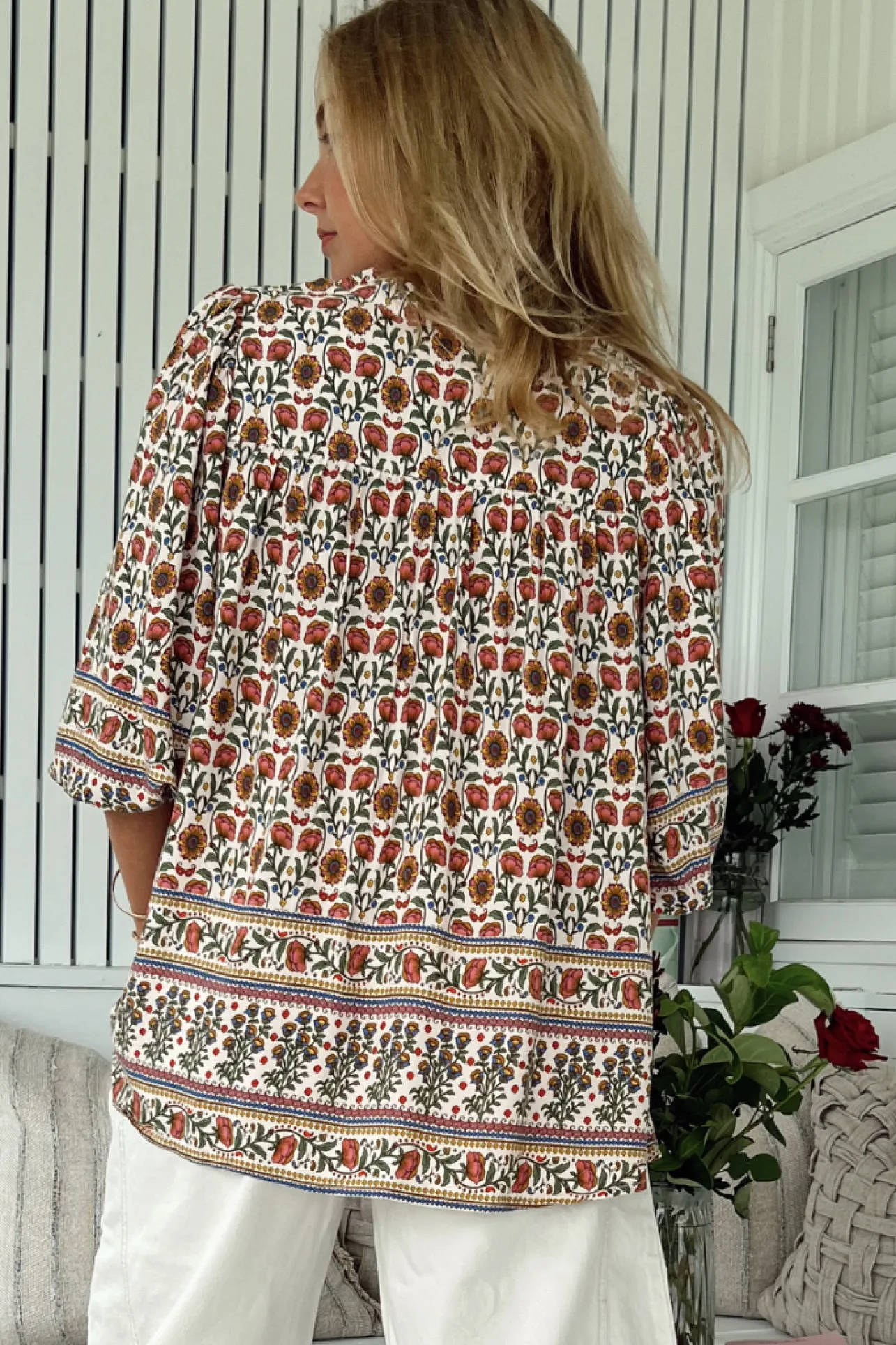 Bee Blouse - Lace Decal Button Down 3/4 Sleeve Blouse in Harlowe Print>Jaase Online