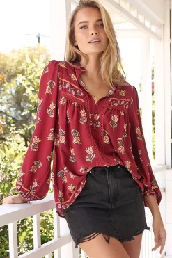 Bee Blouse - Lace Decal Button Down Long Sleeve Blouse in Grenache Print>Jaase Outlet