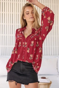 Bee Blouse - Lace Decal Button Down Long Sleeve Blouse in Grenache Print>Jaase Outlet