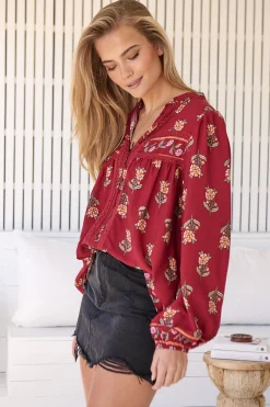 Bee Blouse - Lace Decal Button Down Long Sleeve Blouse in Grenache Print><noscript><img width=