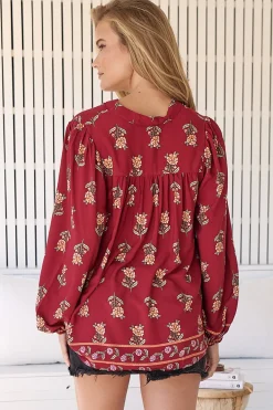 Bee Blouse - Lace Decal Button Down Long Sleeve Blouse in Grenache Print><noscript><img width=
