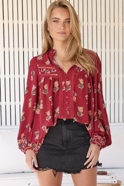 Bee Blouse - Lace Decal Button Down Long Sleeve Blouse in Grenache Print><noscript><img width=