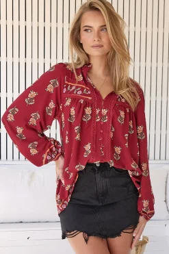 Bee Blouse - Lace Decal Button Down Long Sleeve Blouse in Grenache Print><noscript><img width=