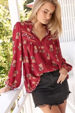 Bee Blouse - Lace Decal Button Down Long Sleeve Blouse in Grenache Print><noscript><img width=