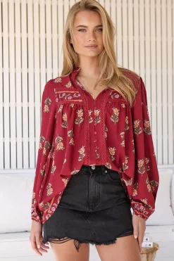 Bee Blouse - Lace Decal Button Down Long Sleeve Blouse in Grenache Print><noscript><img width=