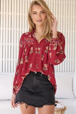 Bee Blouse - Lace Decal Button Down Long Sleeve Blouse in Grenache Print><noscript><img width=
