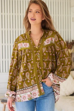 Bee Blouse - Lace Decal Button Down Long Sleeve Blouse in Amalie Print><noscript><img width=