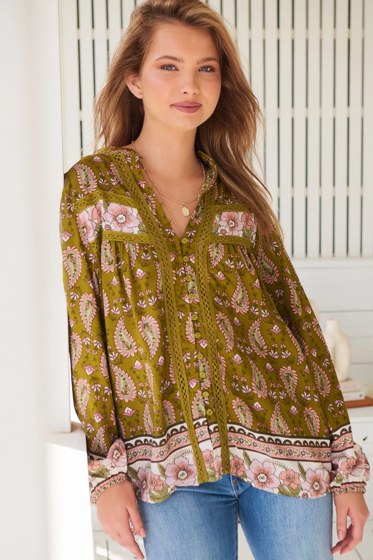 Bee Blouse - Lace Decal Button Down Long Sleeve Blouse in Amalie Print>Jaase Discount