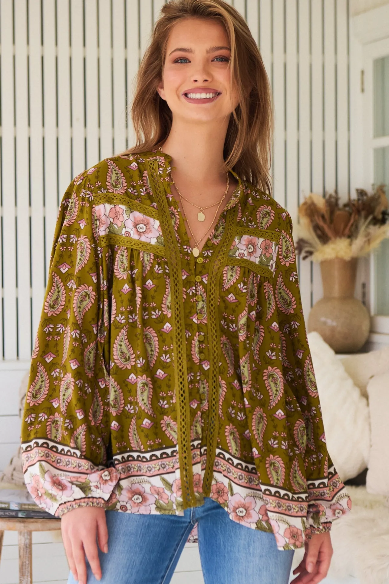 Bee Blouse - Lace Decal Button Down Long Sleeve Blouse in Amalie Print>Jaase Discount