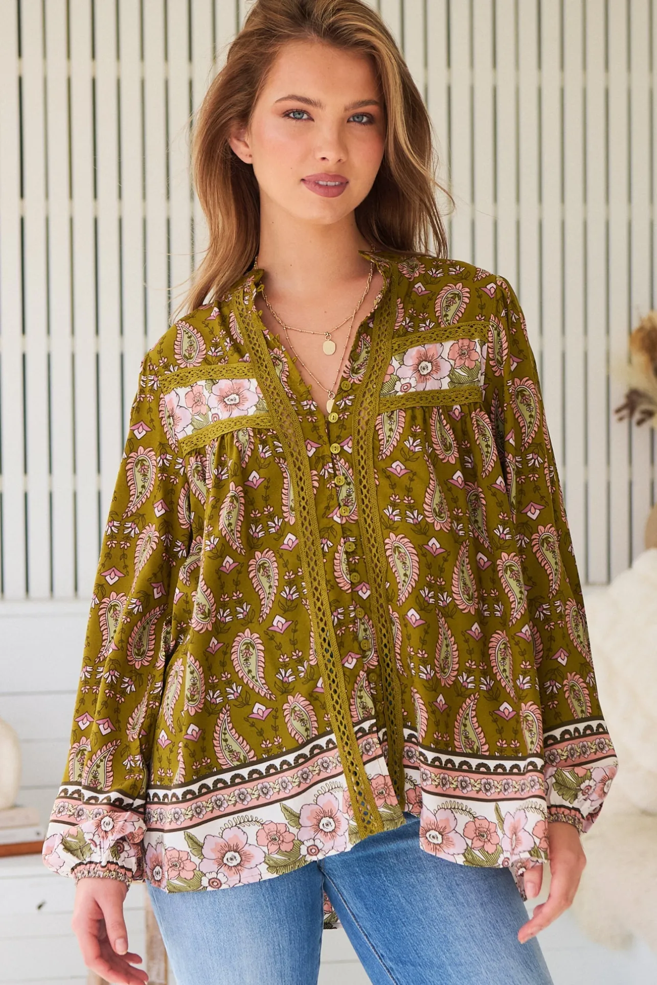 Bee Blouse - Lace Decal Button Down Long Sleeve Blouse in Amalie Print>Jaase Discount