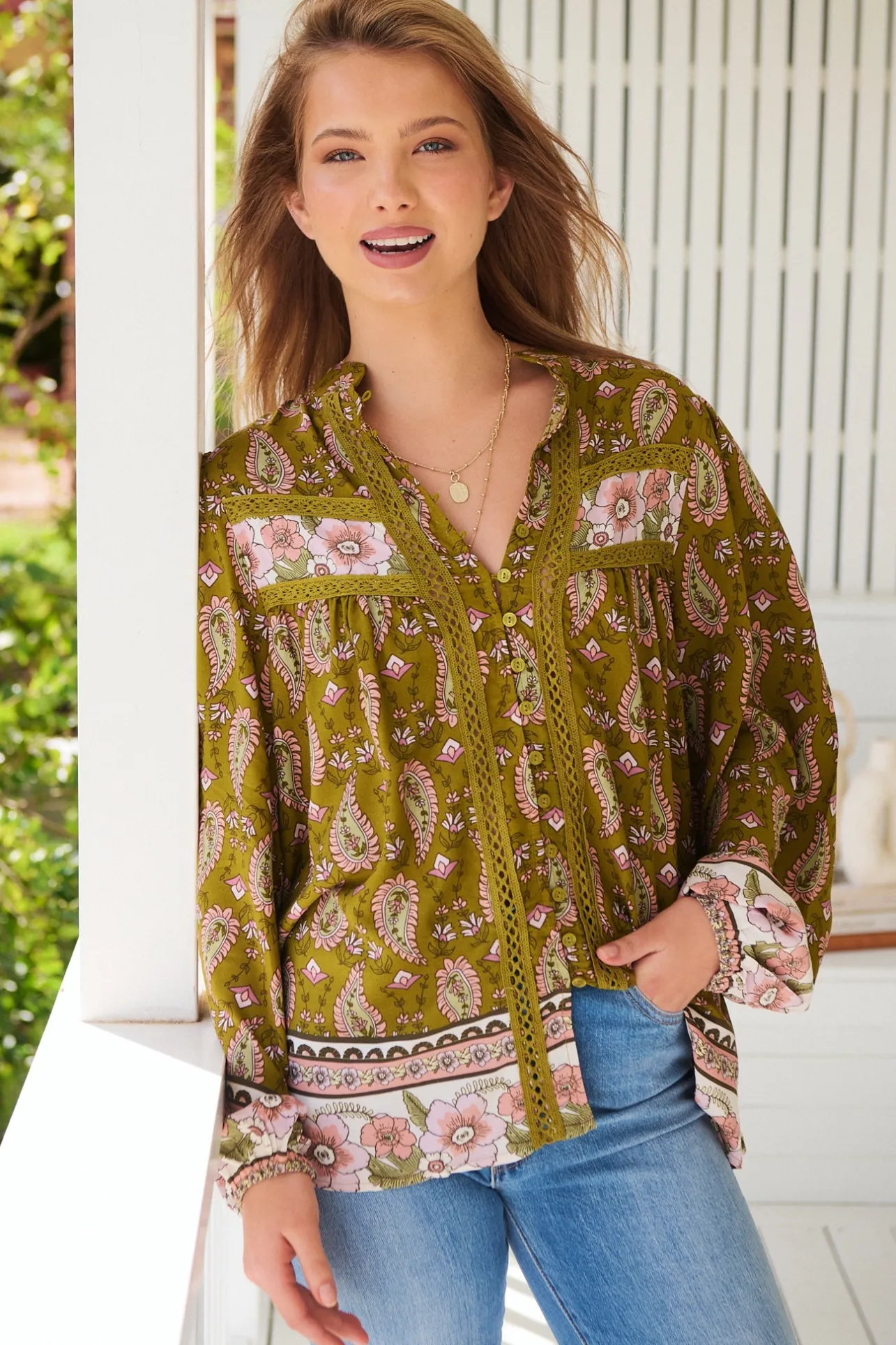 Bee Blouse - Lace Decal Button Down Long Sleeve Blouse in Amalie Print>Jaase Discount