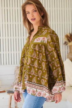 Bee Blouse - Lace Decal Button Down Long Sleeve Blouse in Amalie Print><noscript><img width=