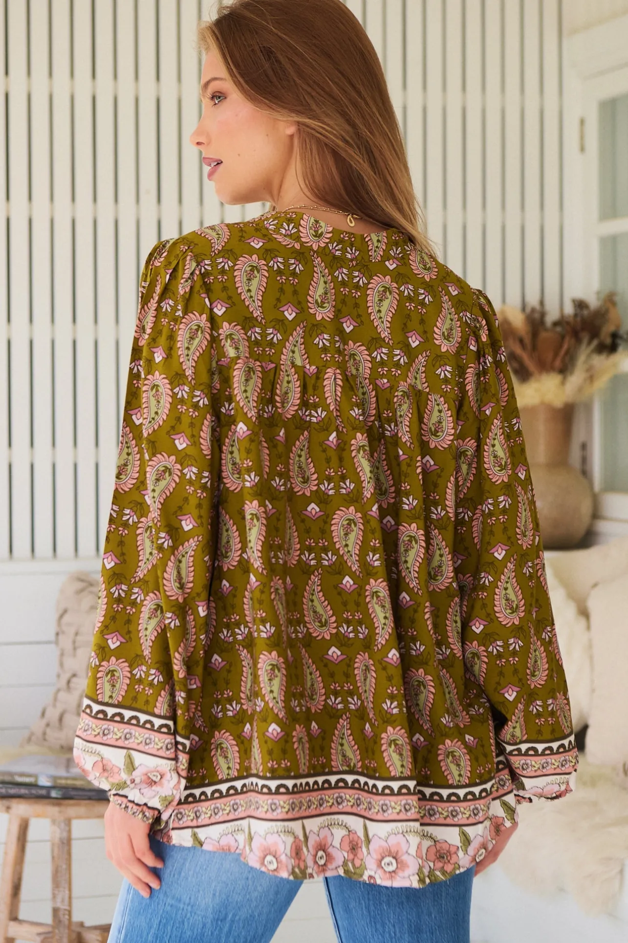 Bee Blouse - Lace Decal Button Down Long Sleeve Blouse in Amalie Print>Jaase Discount