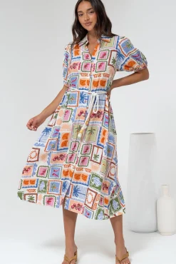 Bennie Midi Dress - Collared Short Sleeve Shirt Dress with Rope Belt in Elly Print>Salty Crush