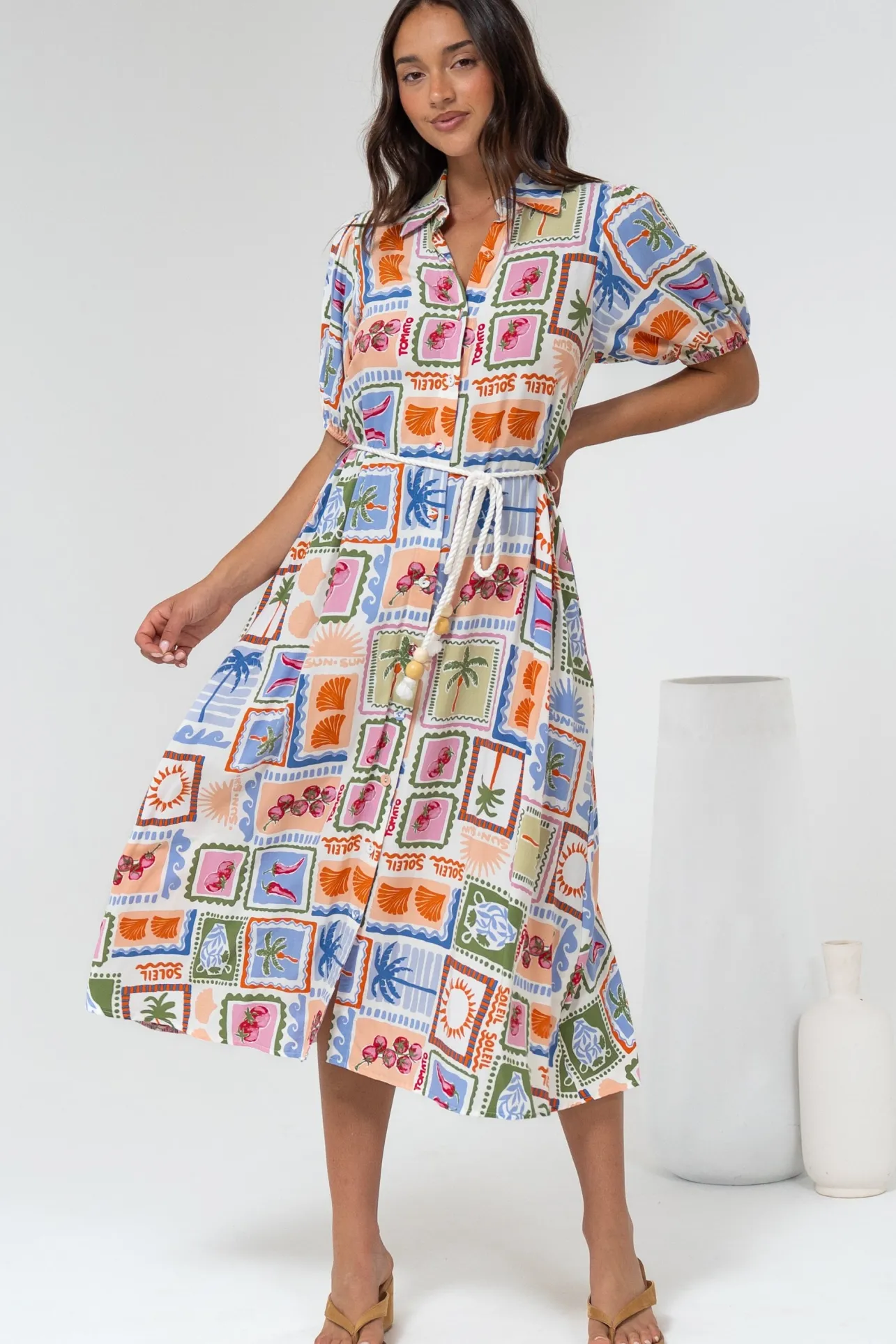Bennie Midi Dress - Collared Short Sleeve Shirt Dress with Rope Belt in Elly Print>Salty Crush