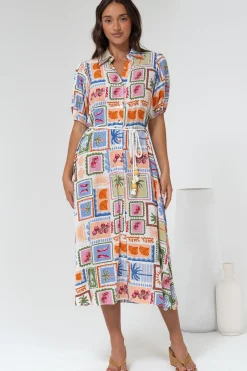 Bennie Midi Dress - Collared Short Sleeve Shirt Dress with Rope Belt in Elly Print><noscript><img width=