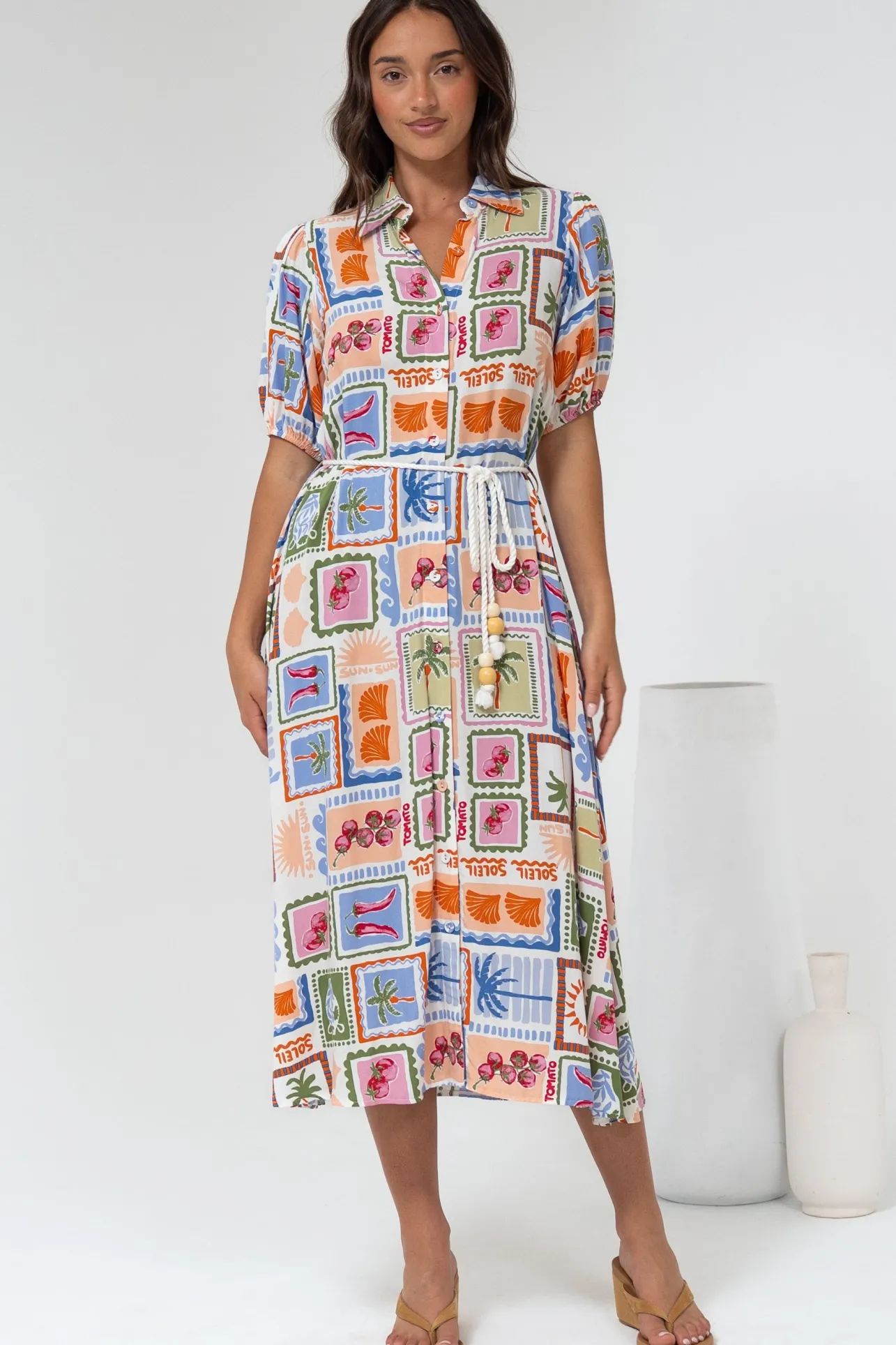 Bennie Midi Dress - Collared Short Sleeve Shirt Dress with Rope Belt in Elly Print>Salty Crush