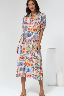 Bennie Midi Dress - Collared Short Sleeve Shirt Dress with Rope Belt in Elly Print><noscript><img width=