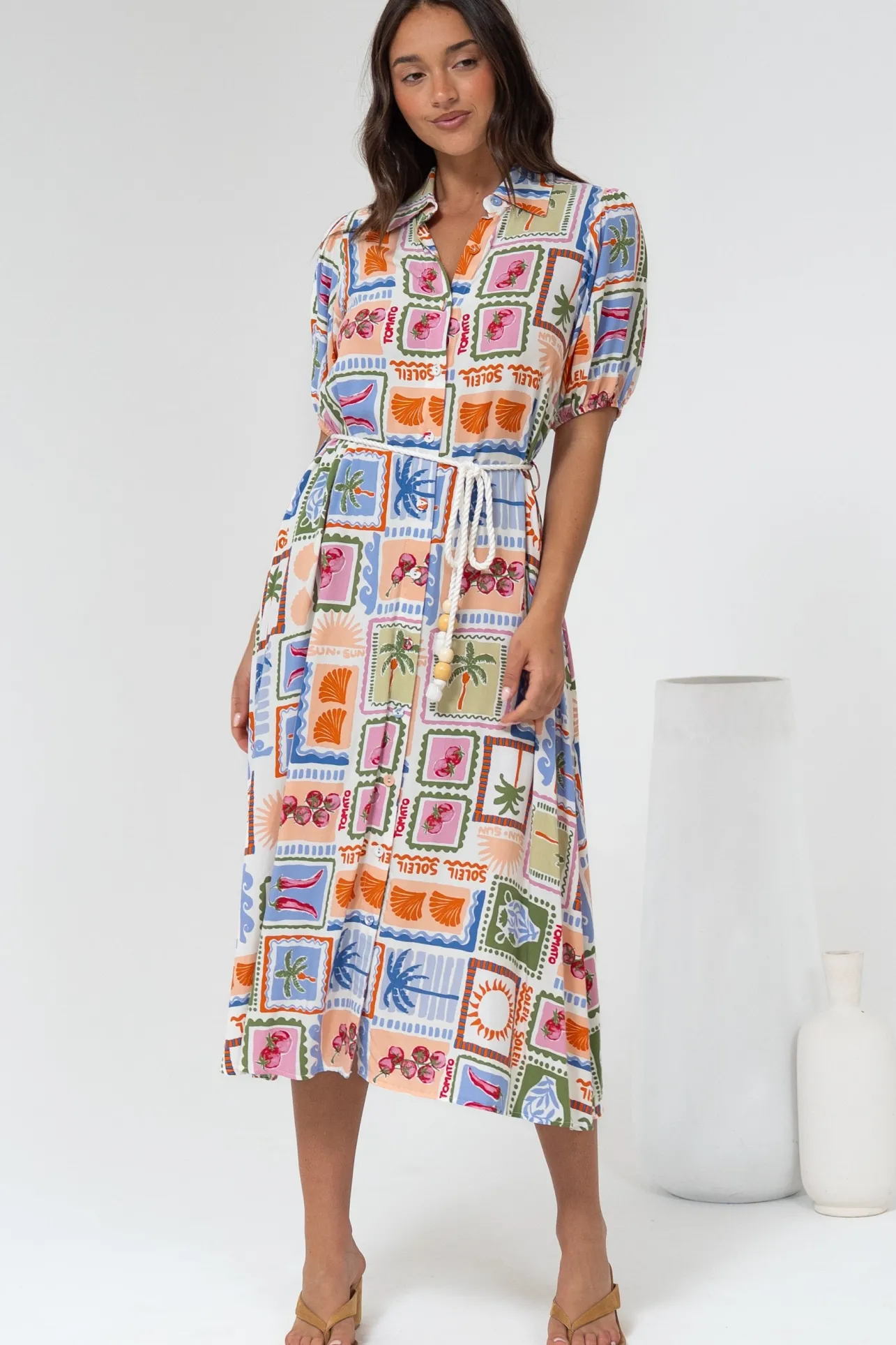 Bennie Midi Dress - Collared Short Sleeve Shirt Dress with Rope Belt in Elly Print>Salty Crush