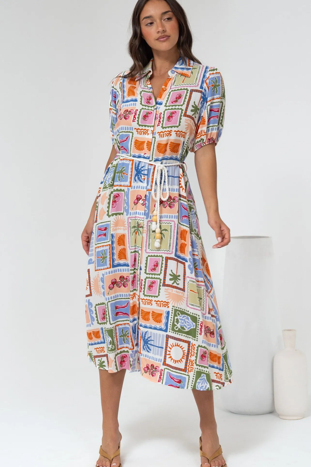 Bennie Midi Dress - Collared Short Sleeve Shirt Dress with Rope Belt in Elly Print>Salty Crush