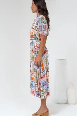 Bennie Midi Dress - Collared Short Sleeve Shirt Dress with Rope Belt in Elly Print><noscript><img width=