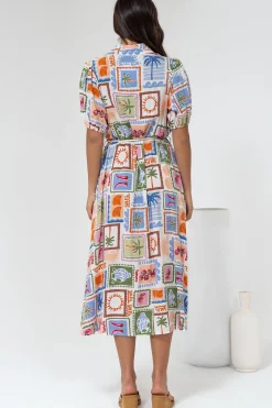 Bennie Midi Dress - Collared Short Sleeve Shirt Dress with Rope Belt in Elly Print><noscript><img width=