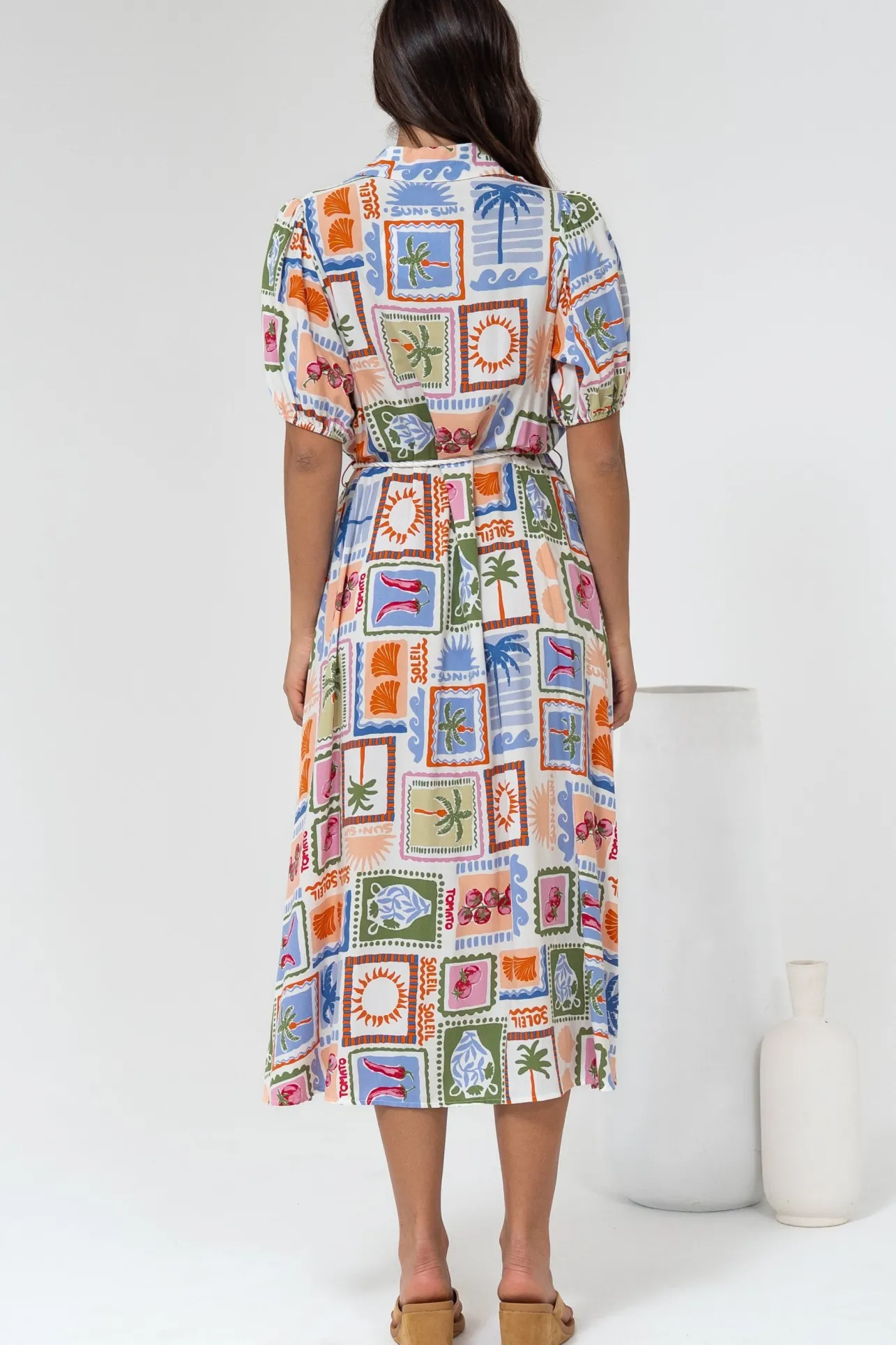 Bennie Midi Dress - Collared Short Sleeve Shirt Dress with Rope Belt in Elly Print>Salty Crush
