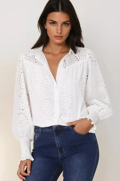 Benton Blouse - Hollow Out Embroidered Button Down Shirt in White>Salty Crush