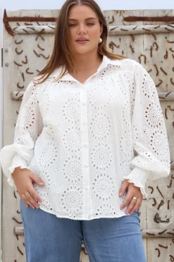 Benton Blouse - Hollow Out Embroidered Button Down Shirt in White>Salty Crush