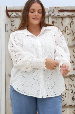 Benton Blouse - Hollow Out Embroidered Button Down Shirt in White><noscript><img width=