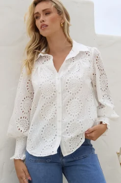 Benton Blouse - Hollow Out Embroidered Button Down Shirt in White><noscript><img width=