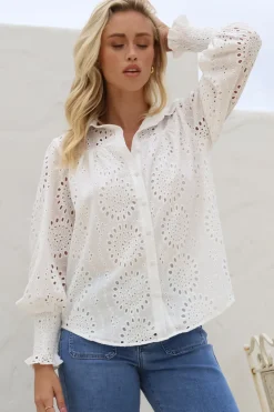 Benton Blouse - Hollow Out Embroidered Button Down Shirt in White><noscript><img width=