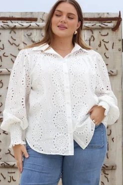 Benton Blouse - Hollow Out Embroidered Button Down Shirt in White><noscript><img width=