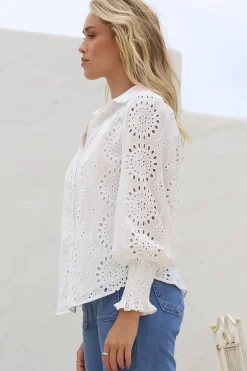 Benton Blouse - Hollow Out Embroidered Button Down Shirt in White><noscript><img width=