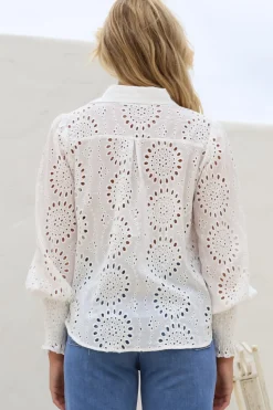 Benton Blouse - Hollow Out Embroidered Button Down Shirt in White><noscript><img width=